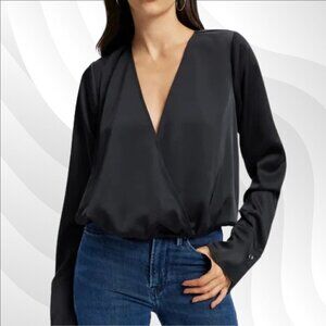 2/$50 Good American Black Satin Faux Wrap Long Sleeve Blouse Size 6
